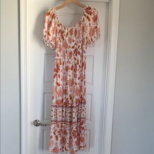 Floral White and Orange Dress ZESICA